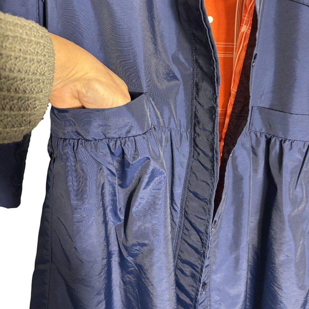 Tulle Navy Blue Coat With Orange Plaid Lining XL Lightweight 3/4 Sleeves Button - Picture 5 of 11